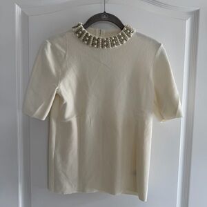 Talbots Cream Top with Pearl Embellishments, Small Petite